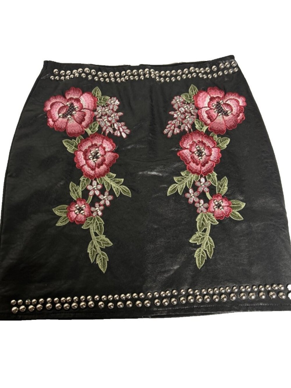 Balboa Faux Leather Black Flower Embroidered Studded Embellished Mini Skirt M